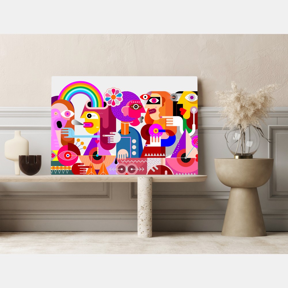 Leinwandbild mann mit regenbogen reitet geometrischen vogel – Wallnifity® Leinwandbild mann mit regenbogen reitet geometrischen vogel – Wallnifity®