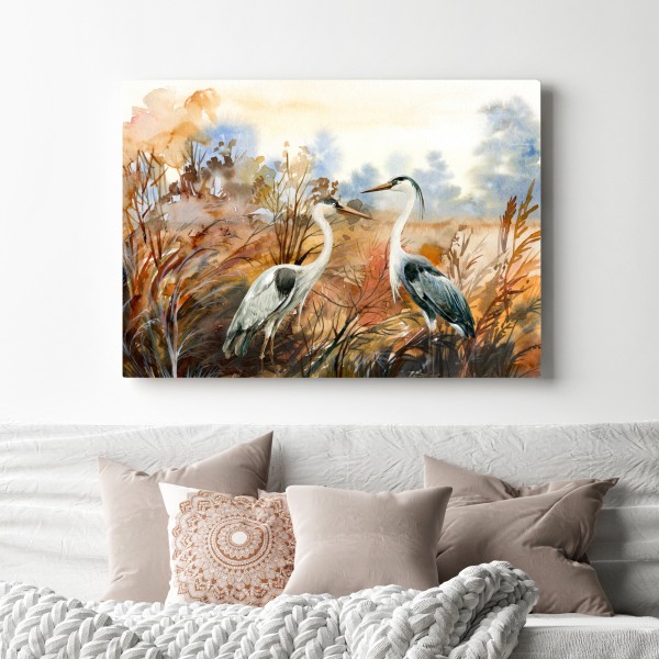 Leinwandbild zwei reiher im herbstlichen sumpf – Wallnifity® Leinwandbild zwei reiher im herbstlichen sumpf – Wallnifity®