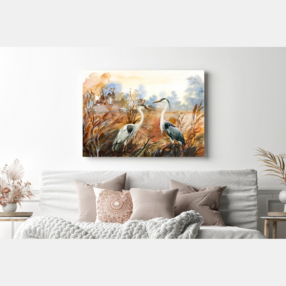 Leinwandbild zwei reiher im herbstlichen sumpf – Wallnifity® Leinwandbild zwei reiher im herbstlichen sumpf – Wallnifity®