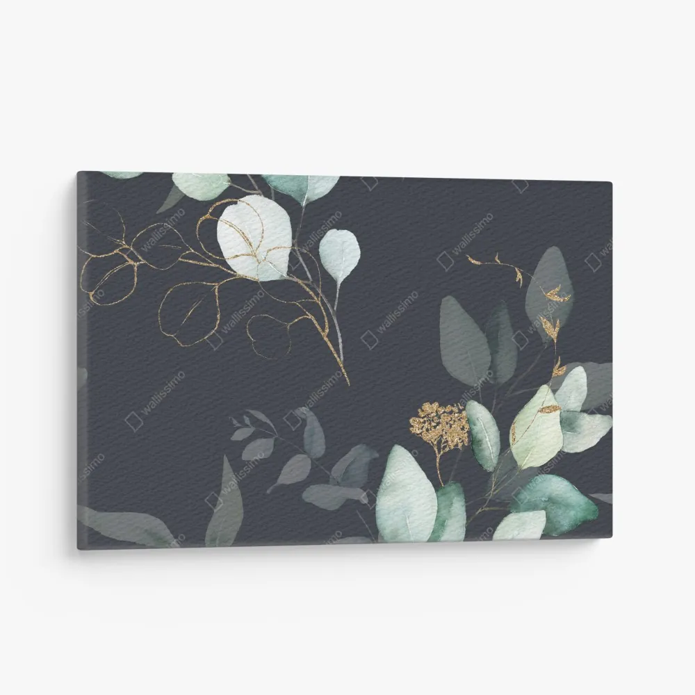 Leinwandbild eukalyptus aquarellblätter auf dunklem hintergrund – Wallnifity®