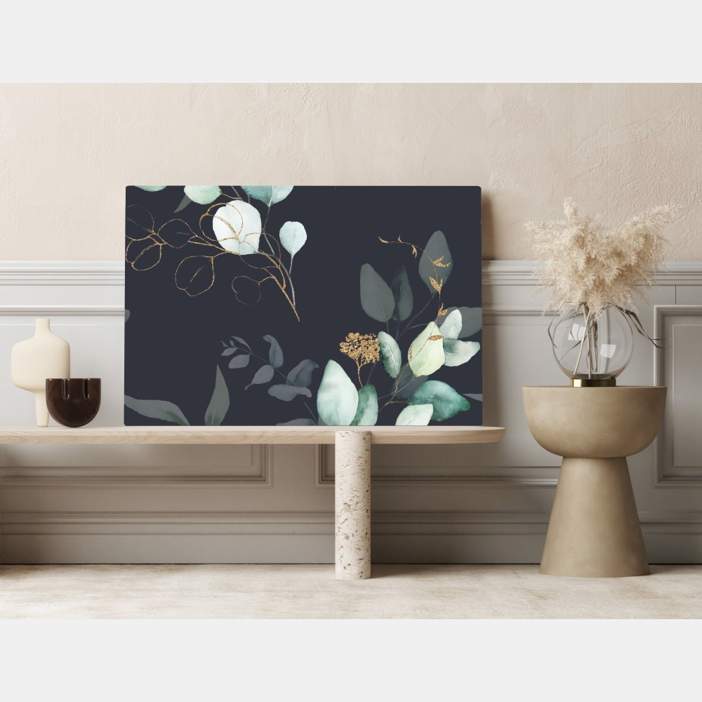 Leinwandbild eukalyptus aquarellblätter auf dunklem hintergrund – Wallnifity®