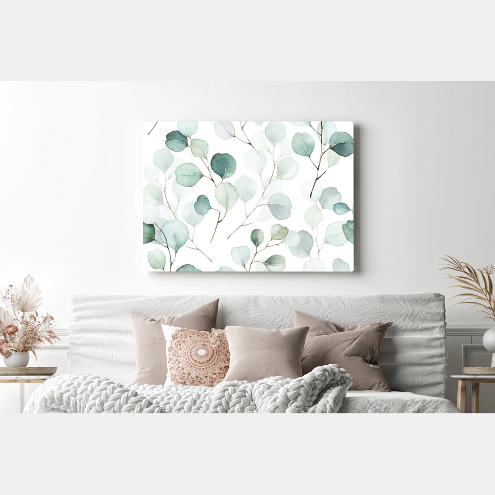 Leinwandbild zarter eukalyptus-aquarell blättermuster – Wallnifity® Leinwandbild zarter eukalyptus-aquarell blättermuster – Wallnifity®
