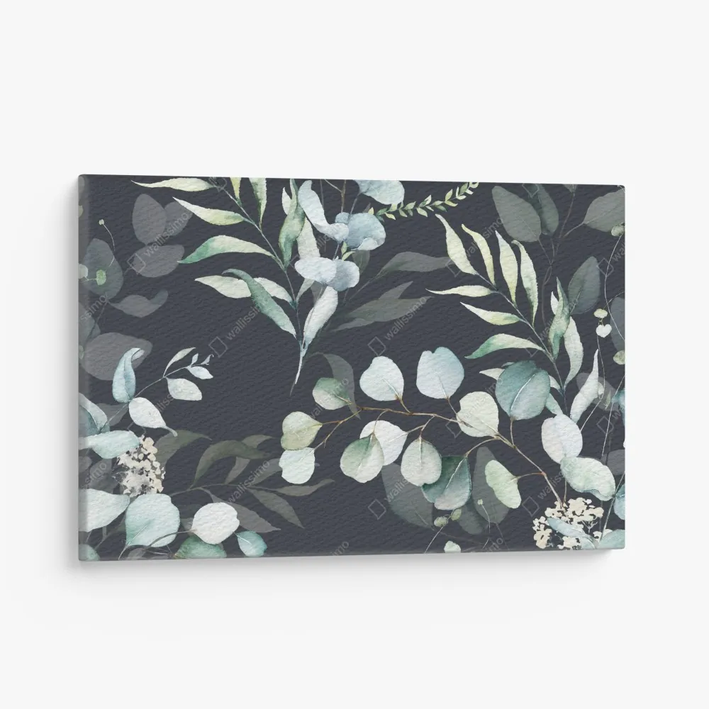 Leinwandbild eukalyptus aquarell botanisches muster auf dunklem hintergrund – Wallnifity®