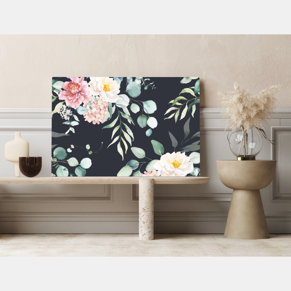 Leinwandbild elegantes aquarell-blumenmuster auf dunklem hintergrund – Wallnifity® Leinwandbild elegantes aquarell-blumenmuster auf dunklem hintergrund – Wallnifity®