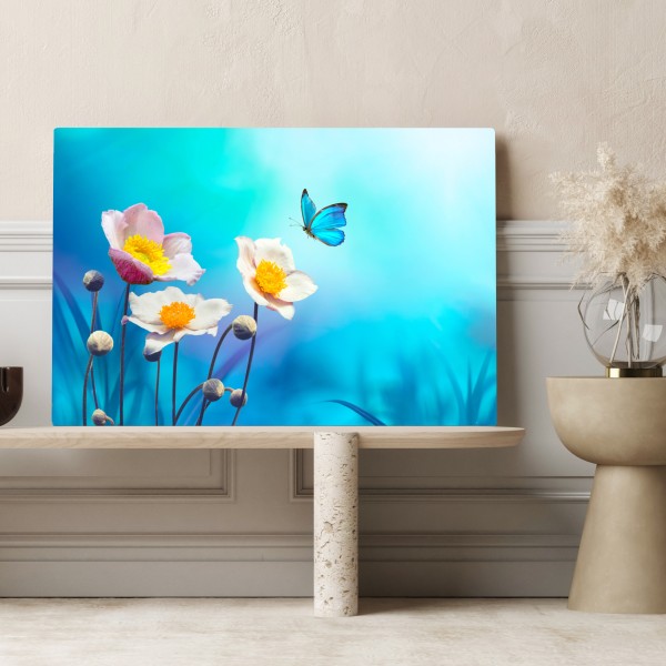 Leinwandbild zarte rosa anemonen und blauer schmetterling – Wallnifity® Leinwandbild zarte rosa anemonen und blauer schmetterling – Wallnifity®