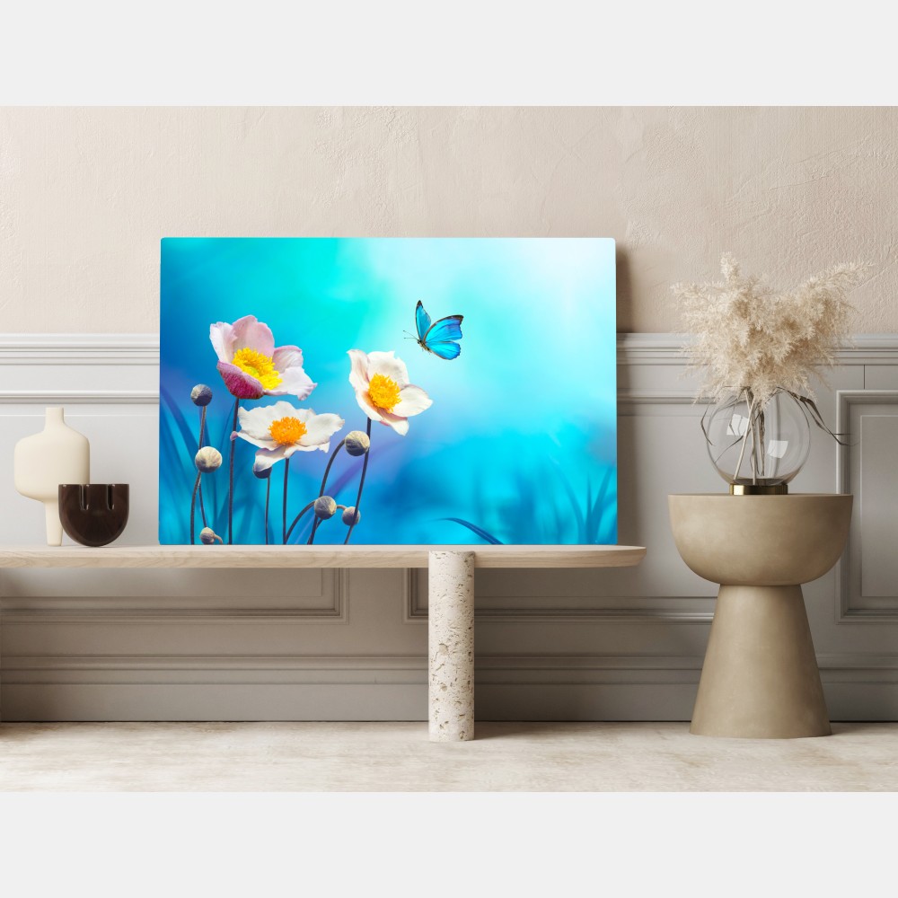 Leinwandbild zarte rosa anemonen und blauer schmetterling – Wallnifity® Leinwandbild zarte rosa anemonen und blauer schmetterling – Wallnifity®
