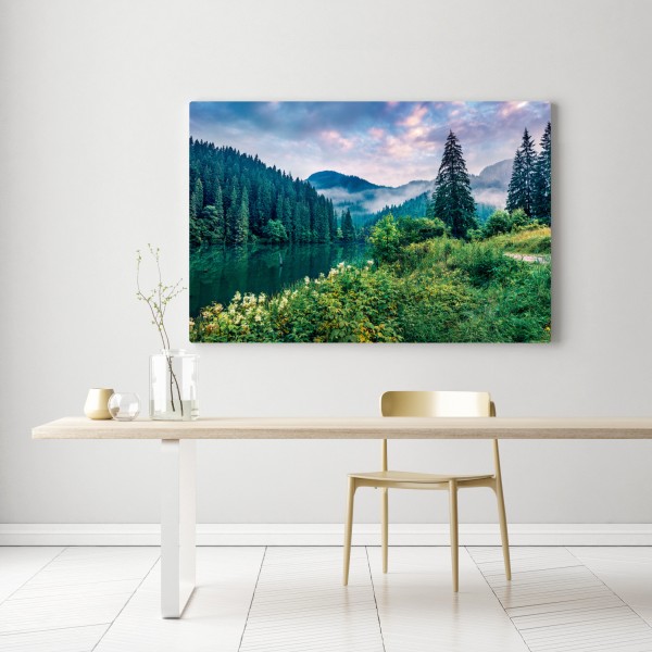 Leinwandbild nebliger sonnenaufgang über Lacu Rosu – Wallnifity® Leinwandbild nebliger sonnenaufgang über Lacu Rosu – Wallnifity®