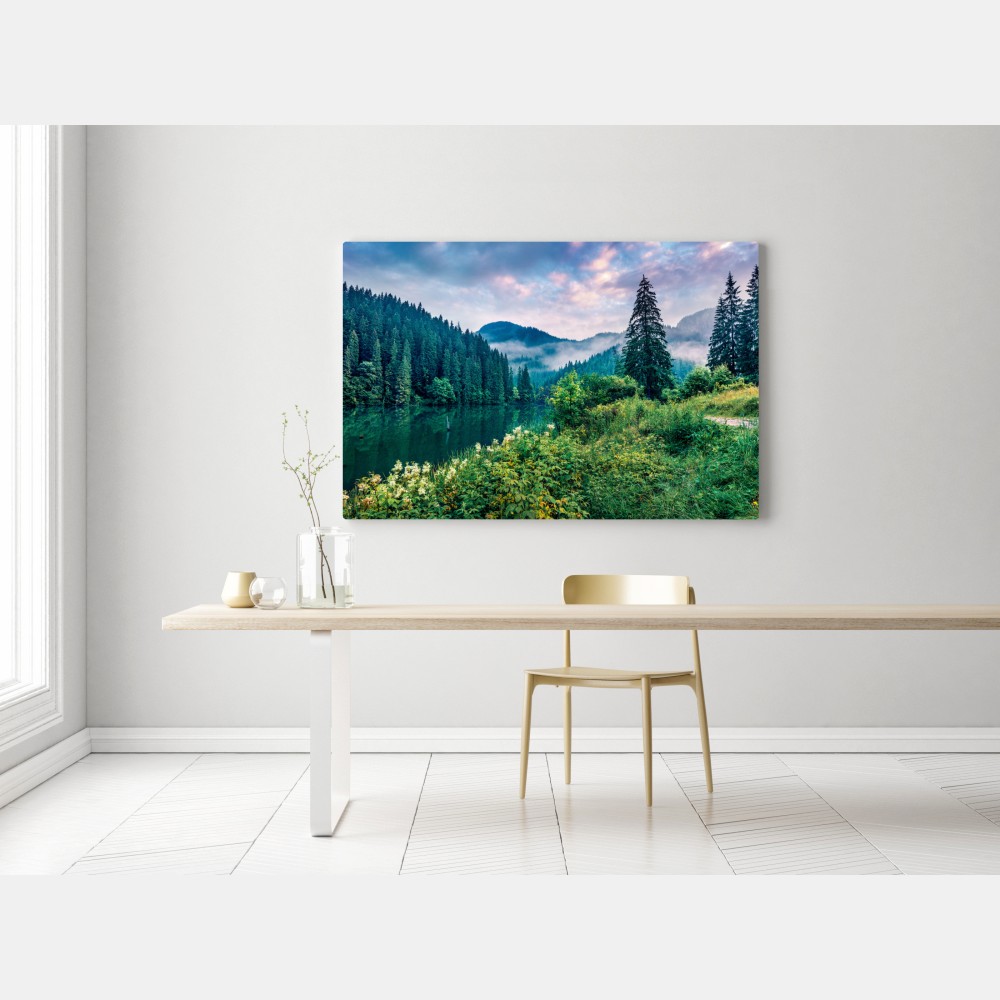 Leinwandbild nebliger sonnenaufgang über Lacu Rosu – Wallnifity® Leinwandbild nebliger sonnenaufgang über Lacu Rosu – Wallnifity®