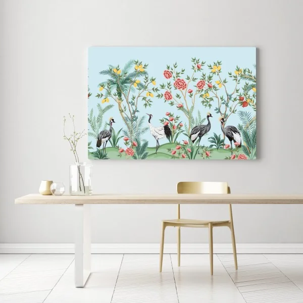 Leinwandbild eleganter kranichgarten mit blüten – Wallnifity® Leinwandbild eleganter kranichgarten mit blüten – Wallnifity®