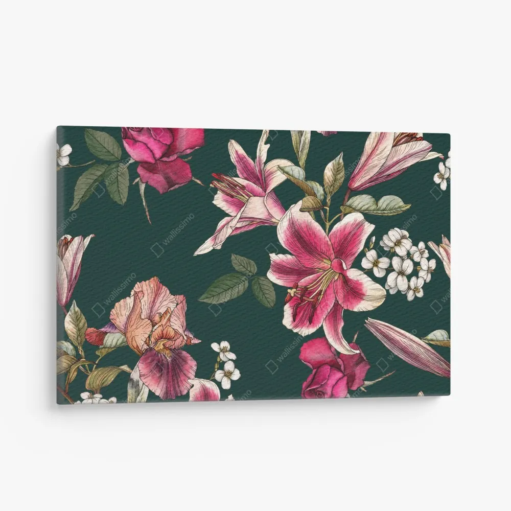 Leinwandbild vintage botanisches floralmuster auf tiefgrün – Wallnifity® Leinwandbild vintage botanisches floralmuster auf tiefgrün – Wallnifity®