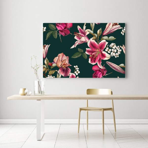 Leinwandbild vintage botanisches floralmuster auf tiefgrün – Wallnifity® Leinwandbild vintage botanisches floralmuster auf tiefgrün – Wallnifity®