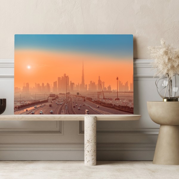 Leinwandbild Dubai skyline bei sonnenaufgang – Wallnifity® Leinwandbild Dubai skyline bei sonnenaufgang – Wallnifity®