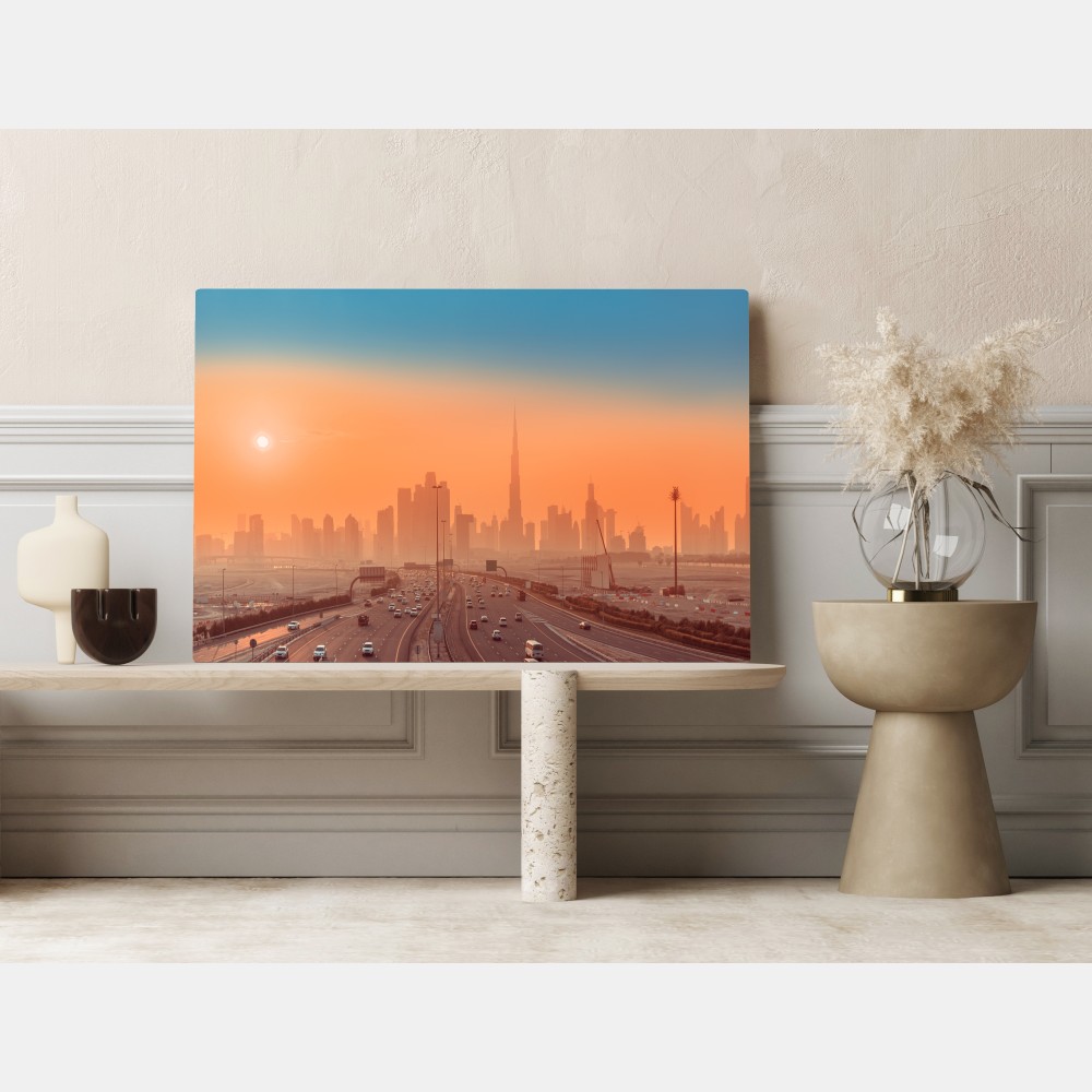 Leinwandbild Dubai skyline bei sonnenaufgang – Wallnifity® Leinwandbild Dubai skyline bei sonnenaufgang – Wallnifity®