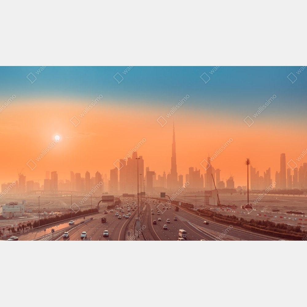Leinwandbild Dubai skyline bei sonnenaufgang – Wallnifity® Leinwandbild Dubai skyline bei sonnenaufgang – Wallnifity®