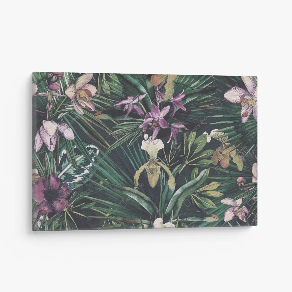 Leinwandbild tropische orchideen in aquarell und palmblättern – Wallnifity® Leinwandbild tropische orchideen in aquarell und palmblättern – Wallnifity®