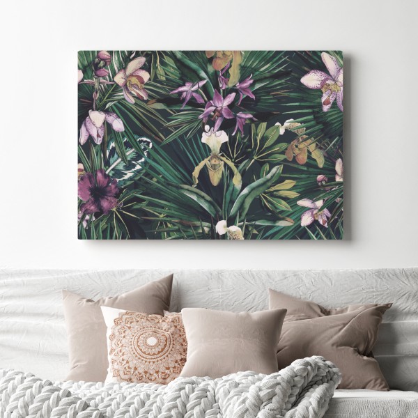 Leinwandbild tropische orchideen in aquarell und palmblättern – Wallnifity® Leinwandbild tropische orchideen in aquarell und palmblättern – Wallnifity®