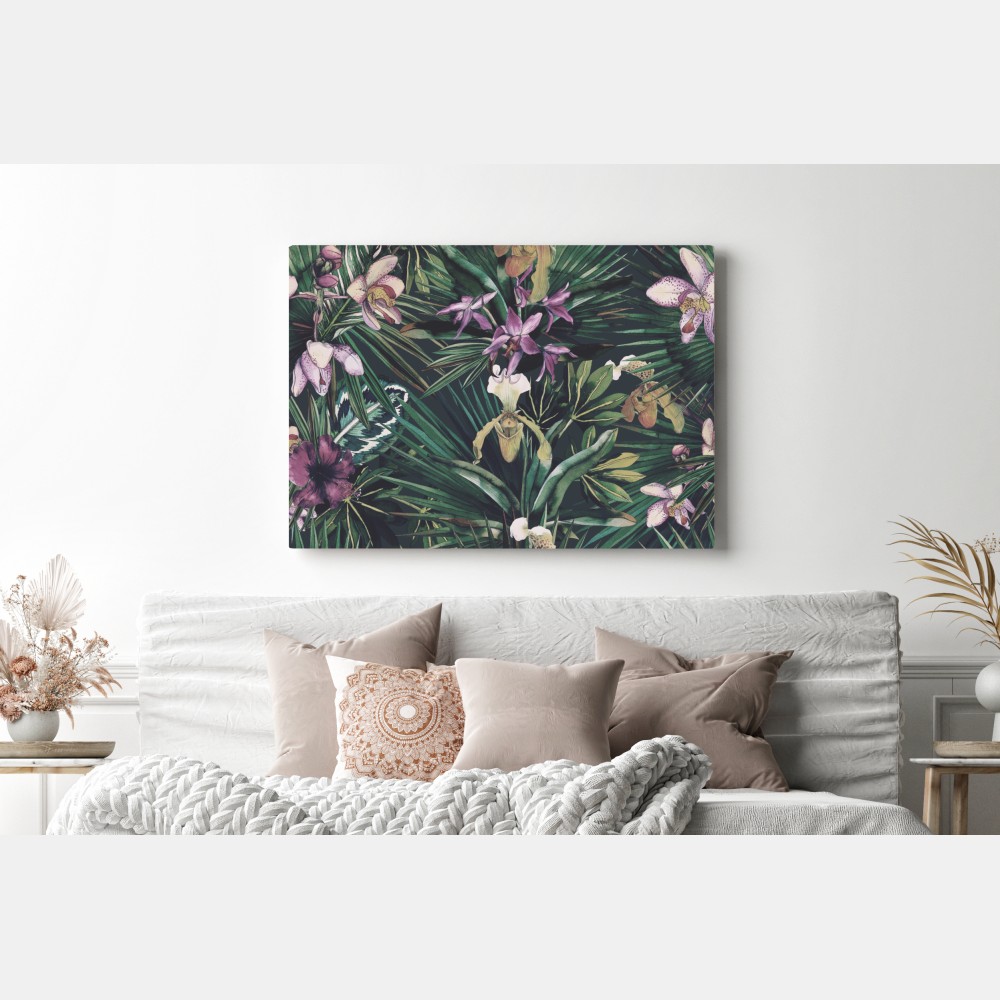 Leinwandbild tropische orchideen in aquarell und palmblättern – Wallnifity® Leinwandbild tropische orchideen in aquarell und palmblättern – Wallnifity®