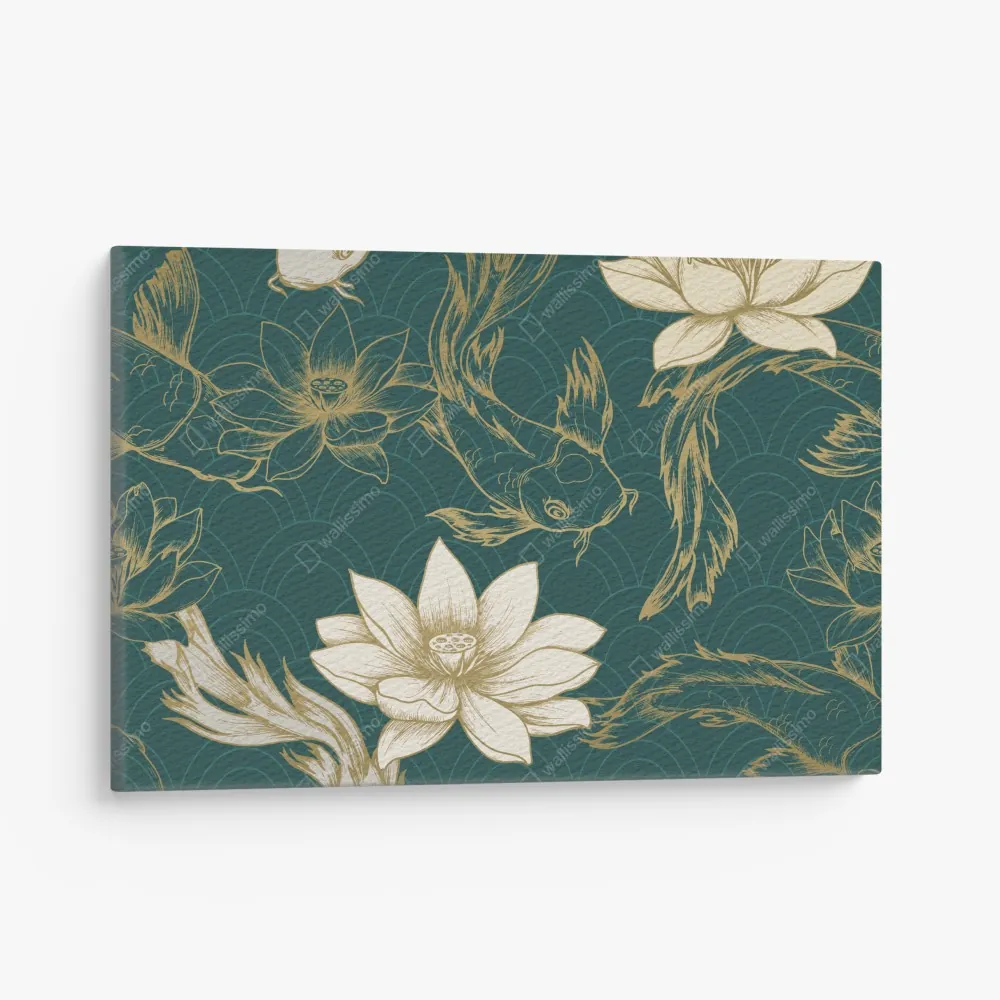 Leinwandbild orientalisches koi- und lotosmuster in türkis und gold – Wallnifity® Leinwandbild orientalisches koi- und lotosmuster in türkis und gold – Wallnifity®