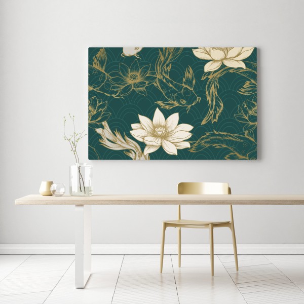 Leinwandbild orientalisches koi- und lotosmuster in türkis und gold – Wallnifity® Leinwandbild orientalisches koi- und lotosmuster in türkis und gold – Wallnifity®