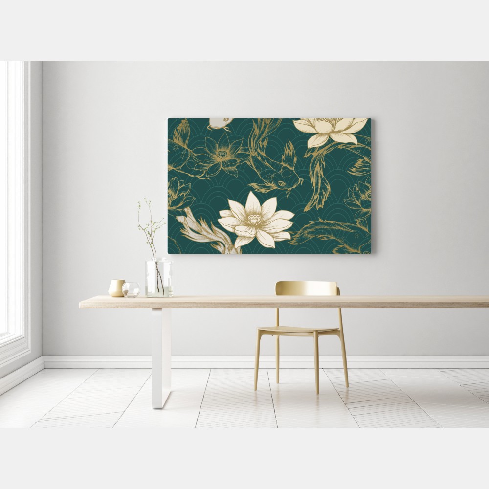 Leinwandbild orientalisches koi- und lotosmuster in türkis und gold – Wallnifity® Leinwandbild orientalisches koi- und lotosmuster in türkis und gold – Wallnifity®