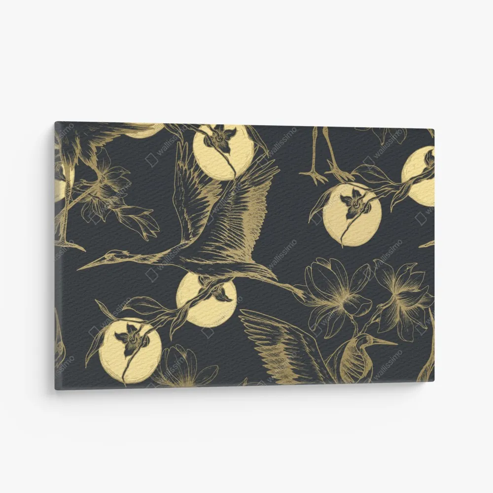 Leinwandbild goldene kraniche und mondmuster – Wallnifity®