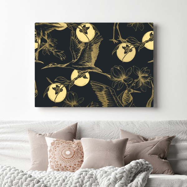 Leinwandbild goldene kraniche und mondmuster – Wallnifity®