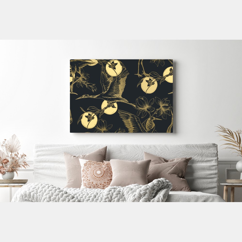 Leinwandbild goldene kraniche und mondmuster – Wallnifity®
