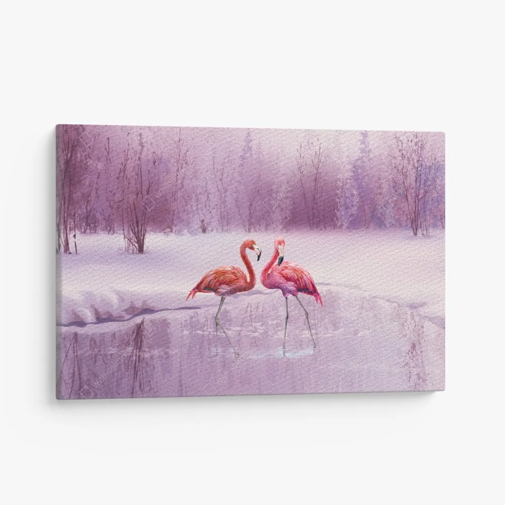 Leinwandbild pastell flamingos über winterlichem see – Wallnifity®