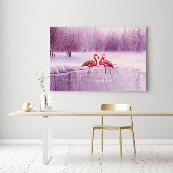 Leinwandbild pastell flamingos über winterlichem see – Wallnifity®