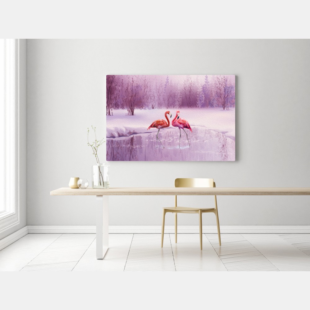 Leinwandbild pastell flamingos über winterlichem see – Wallnifity®