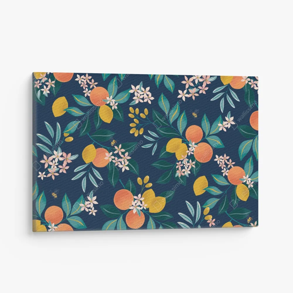Leinwandbild botanisches zitronen- und orangenmuster auf marineblauem hintergrund – Wallnifity® Leinwandbild botanisches zitronen- und orangenmuster auf marineblauem hintergrund – Wallnifity®