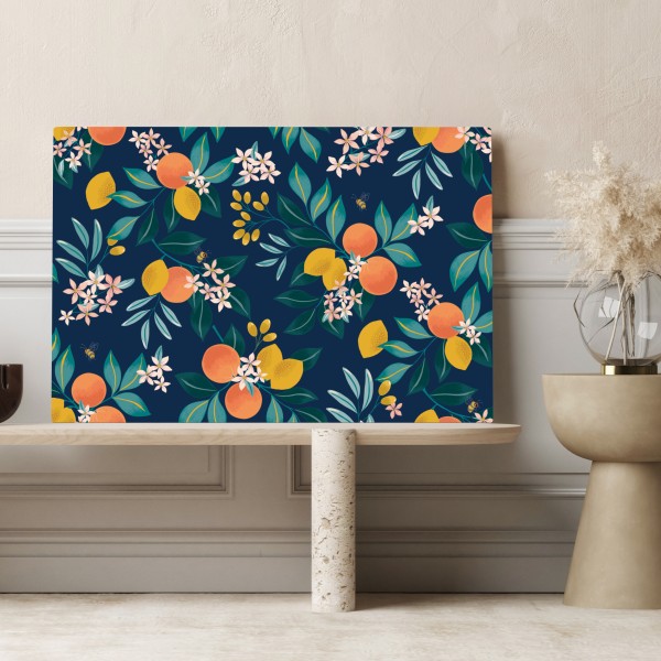 Leinwandbild botanisches zitronen- und orangenmuster auf marineblauem hintergrund – Wallnifity® Leinwandbild botanisches zitronen- und orangenmuster auf marineblauem hintergrund – Wallnifity®