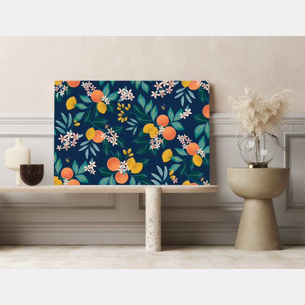 Leinwandbild botanisches zitronen- und orangenmuster auf marineblauem hintergrund – Wallnifity® Leinwandbild botanisches zitronen- und orangenmuster auf marineblauem hintergrund – Wallnifity®