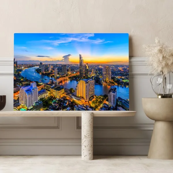 Leinwandbild lebendige stadtskyline bei dämmerung – Wallnifity® Leinwandbild lebendige stadtskyline bei dämmerung – Wallnifity®