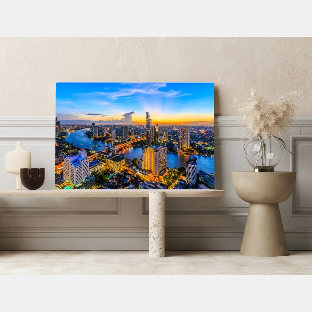 Leinwandbild lebendige stadtskyline bei dämmerung – Wallnifity® Leinwandbild lebendige stadtskyline bei dämmerung – Wallnifity®