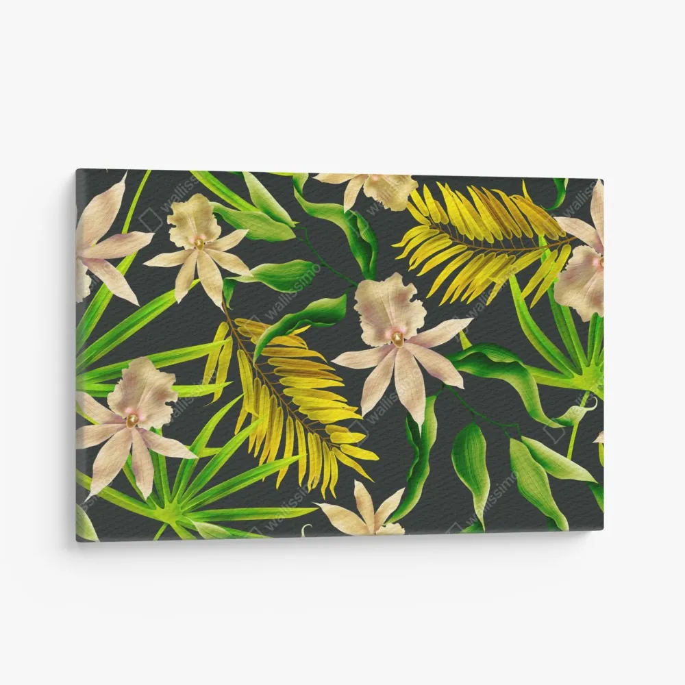 Leinwandbild tropisches orchideenmuster auf dunklem hintergrund – Wallnifity® Leinwandbild tropisches orchideenmuster auf dunklem hintergrund – Wallnifity®
