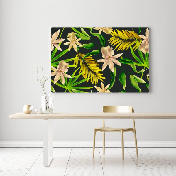 Leinwandbild tropisches orchideenmuster auf dunklem hintergrund – Wallnifity® Leinwandbild tropisches orchideenmuster auf dunklem hintergrund – Wallnifity®