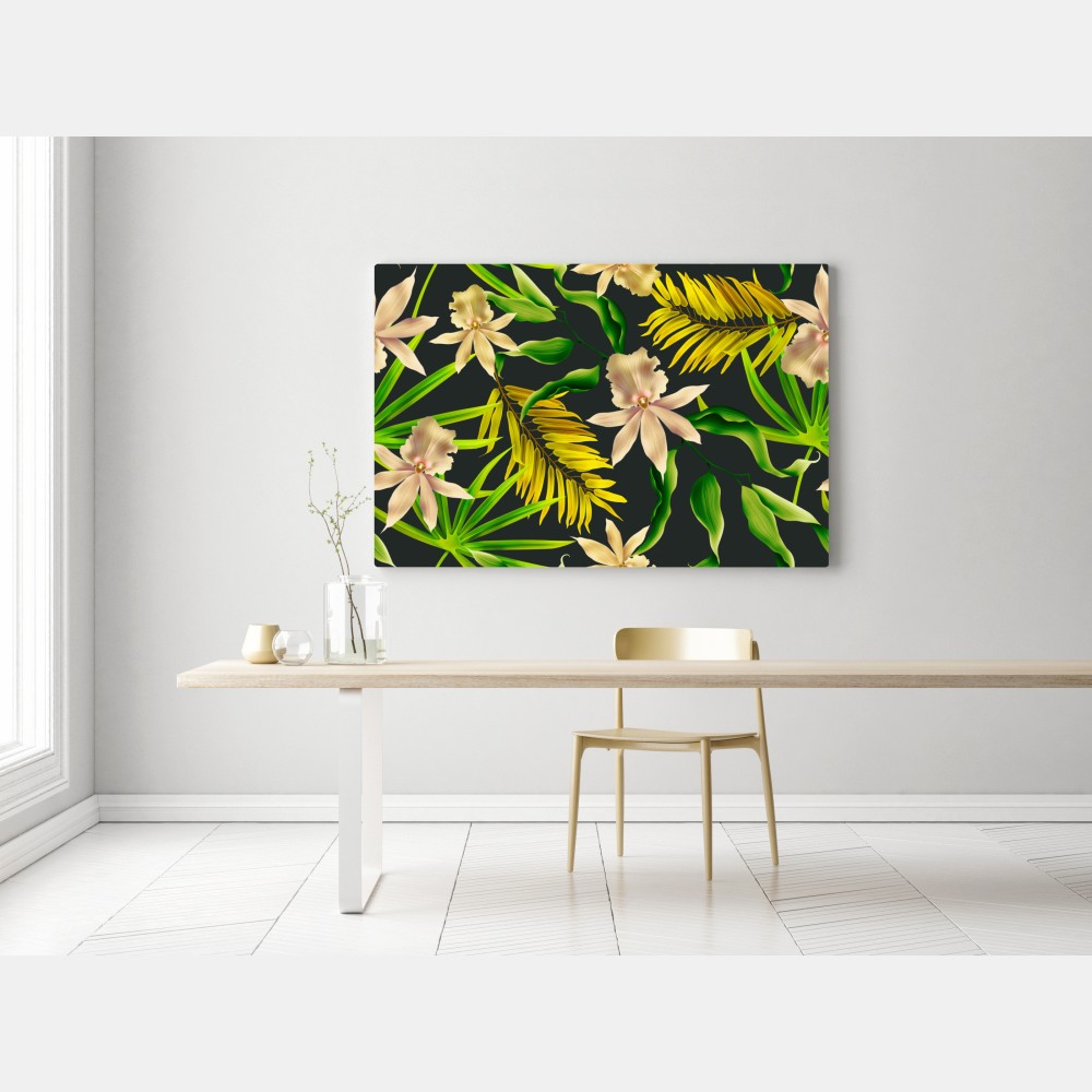 Leinwandbild tropisches orchideenmuster auf dunklem hintergrund – Wallnifity® Leinwandbild tropisches orchideenmuster auf dunklem hintergrund – Wallnifity®