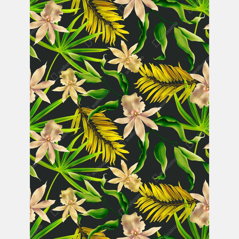 Leinwandbild tropisches orchideenmuster auf dunklem hintergrund – Wallnifity® Leinwandbild tropisches orchideenmuster auf dunklem hintergrund – Wallnifity®