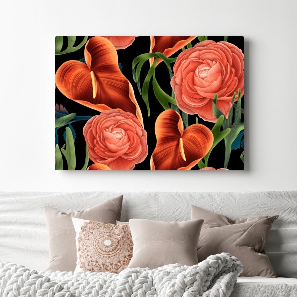 Leinwandbild lebhaftes korallenblumenmuster auf schwarzem hintergrund – Wallnifity® Leinwandbild lebhaftes korallenblumenmuster auf schwarzem hintergrund – Wallnifity®