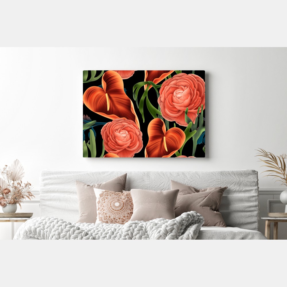 Leinwandbild lebhaftes korallenblumenmuster auf schwarzem hintergrund – Wallnifity® Leinwandbild lebhaftes korallenblumenmuster auf schwarzem hintergrund – Wallnifity®