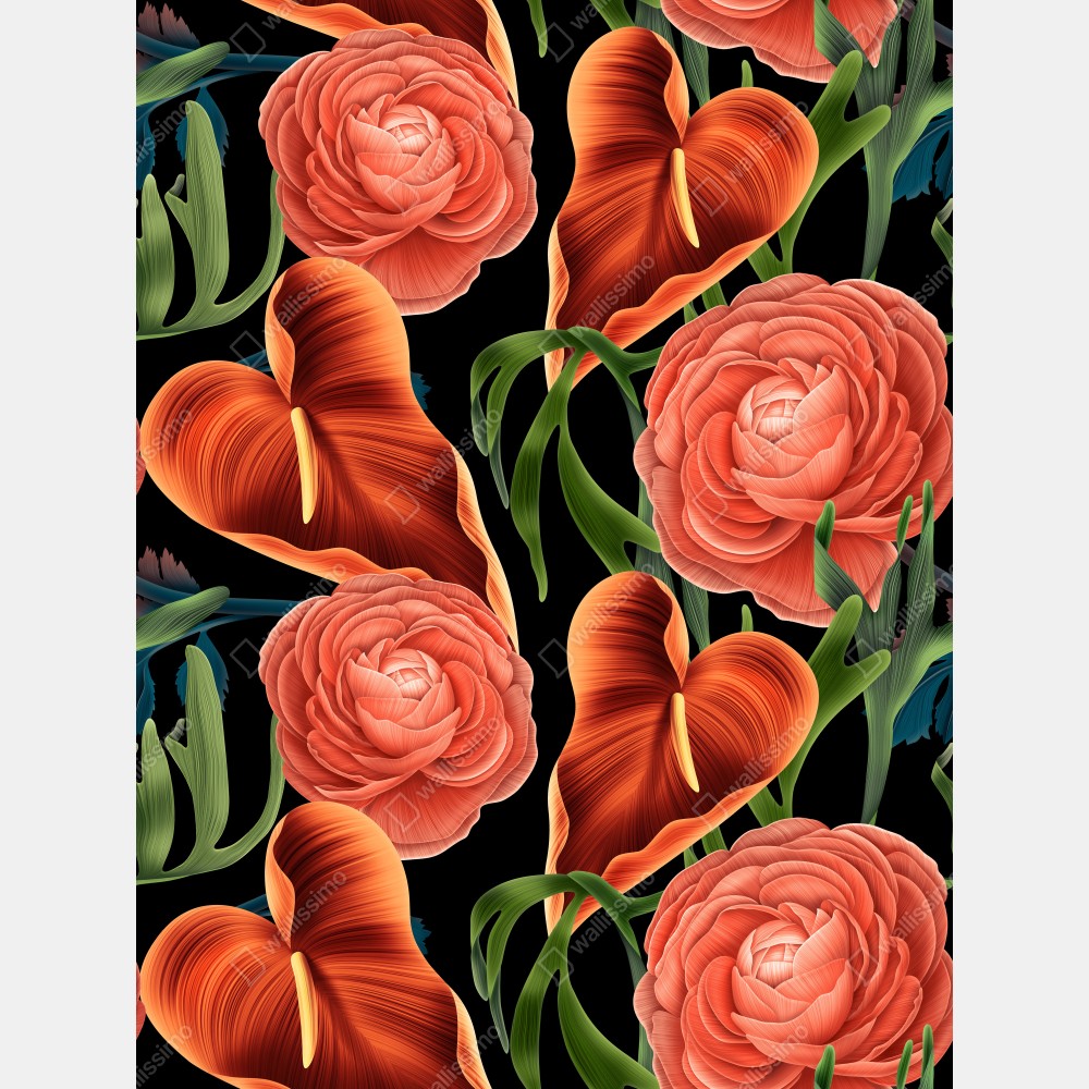 Leinwandbild lebhaftes korallenblumenmuster auf schwarzem hintergrund – Wallnifity® Leinwandbild lebhaftes korallenblumenmuster auf schwarzem hintergrund – Wallnifity®