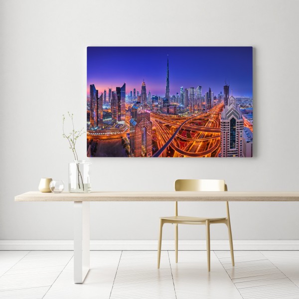 Leinwandbild Dubai panorama bei dämmerung – Wallnifity® Leinwandbild Dubai panorama bei dämmerung – Wallnifity®