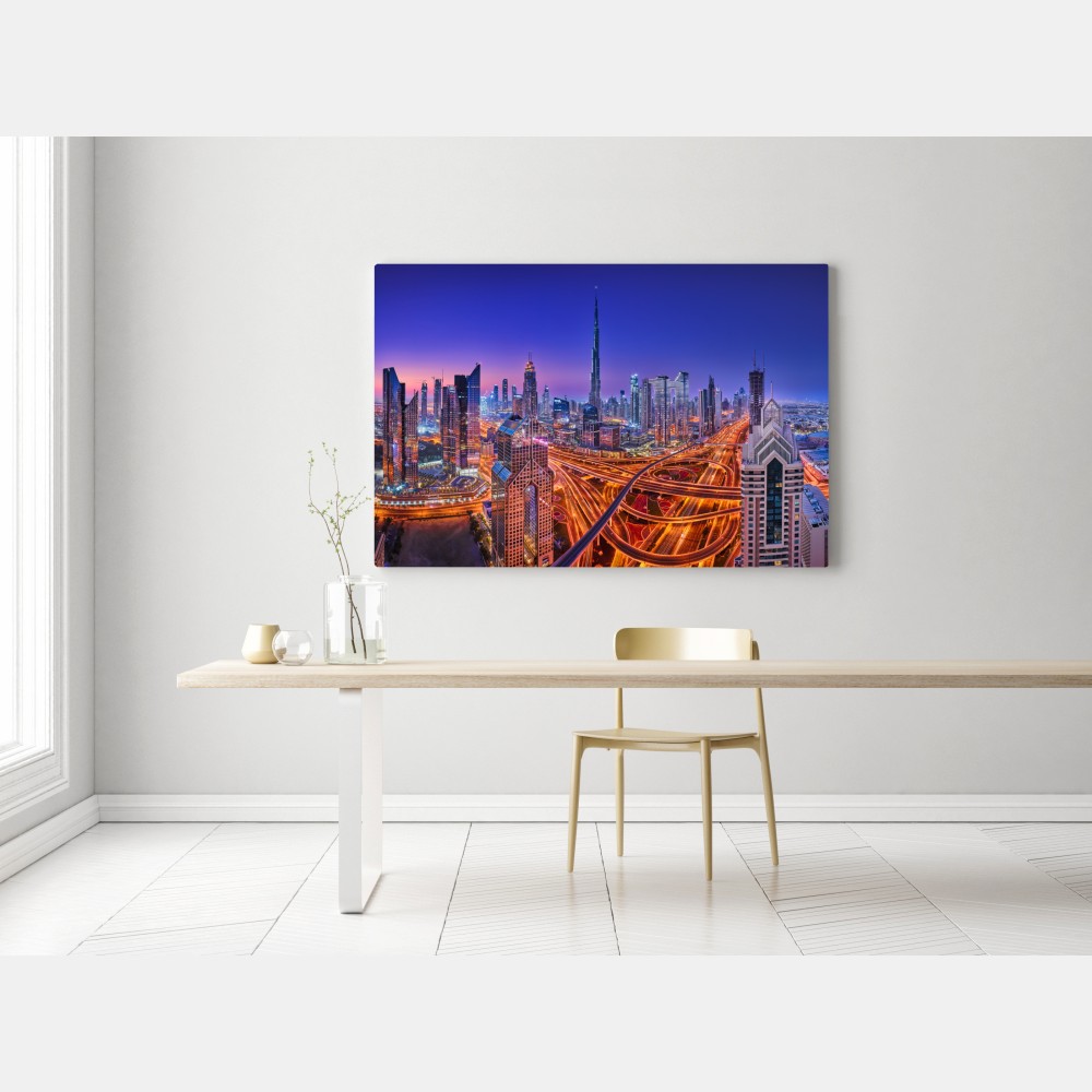 Leinwandbild Dubai panorama bei dämmerung – Wallnifity® Leinwandbild Dubai panorama bei dämmerung – Wallnifity®