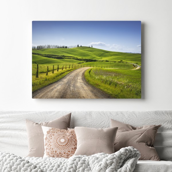 Leinwandbild ländliche straße in der Toskana durch grüne hügel – Wallnifity® Leinwandbild ländliche straße in der Toskana durch grüne hügel – Wallnifity®