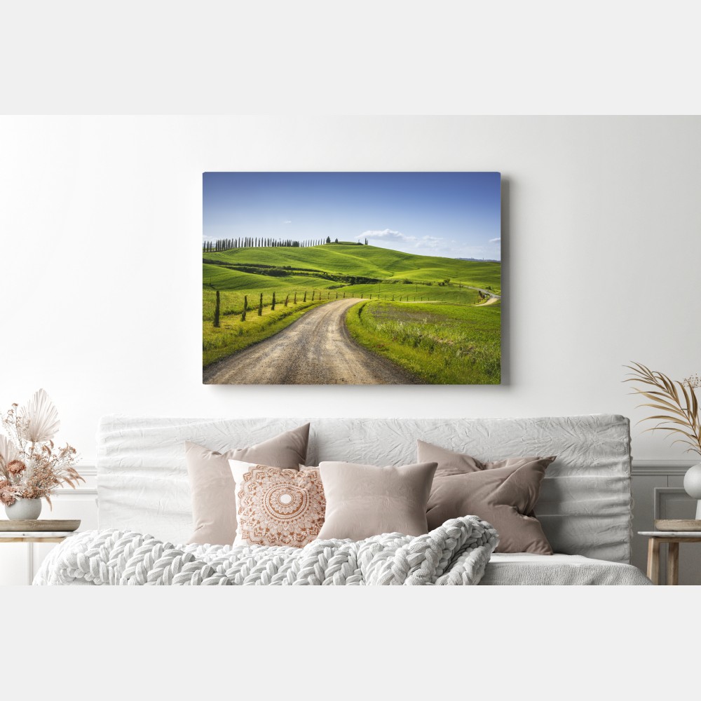 Leinwandbild ländliche straße in der Toskana durch grüne hügel – Wallnifity® Leinwandbild ländliche straße in der Toskana durch grüne hügel – Wallnifity®