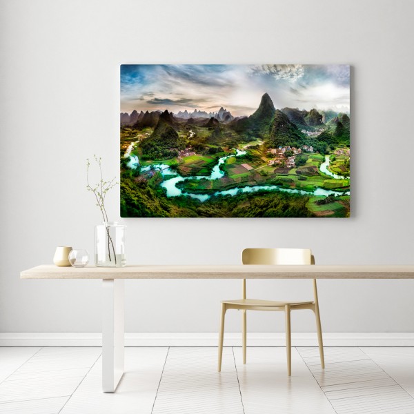 Leinwandbild smaragdfluss zwischen karsthügeln panorama – Wallnifity® Leinwandbild smaragdfluss zwischen karsthügeln panorama – Wallnifity®