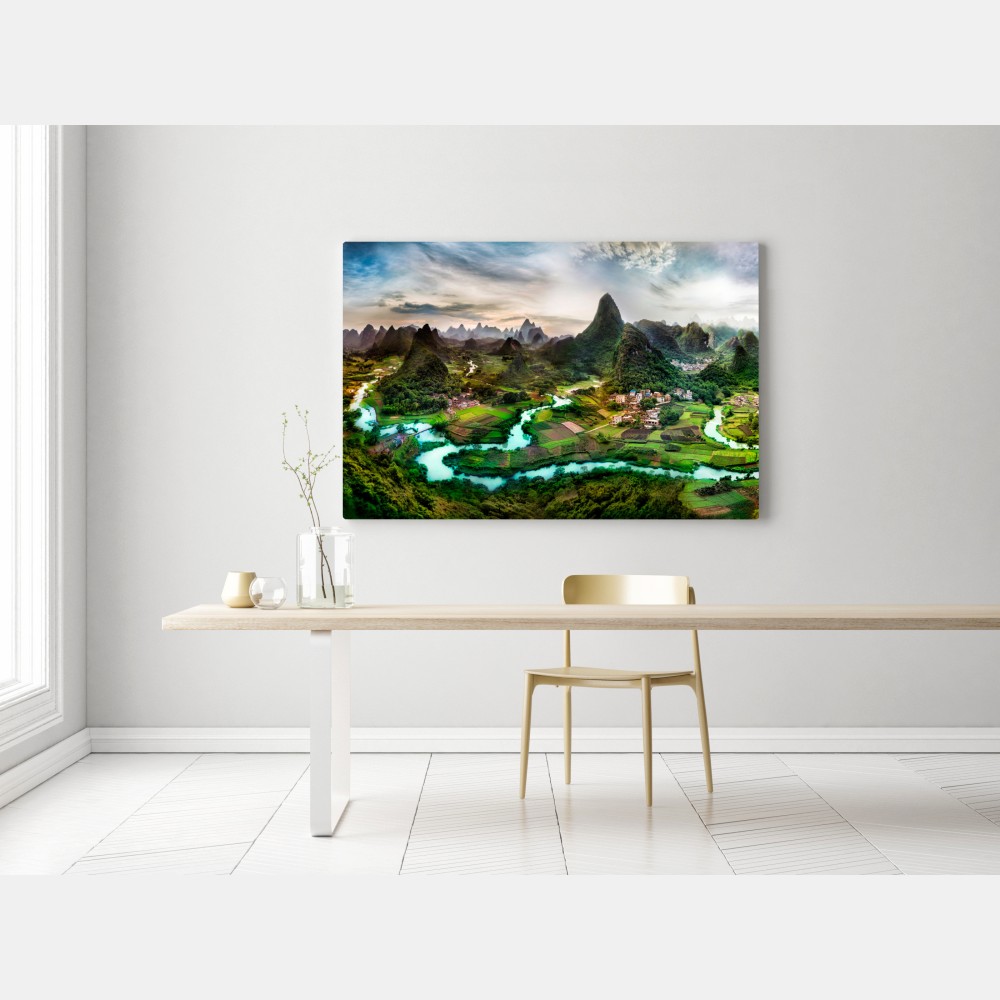 Leinwandbild smaragdfluss zwischen karsthügeln panorama – Wallnifity® Leinwandbild smaragdfluss zwischen karsthügeln panorama – Wallnifity®
