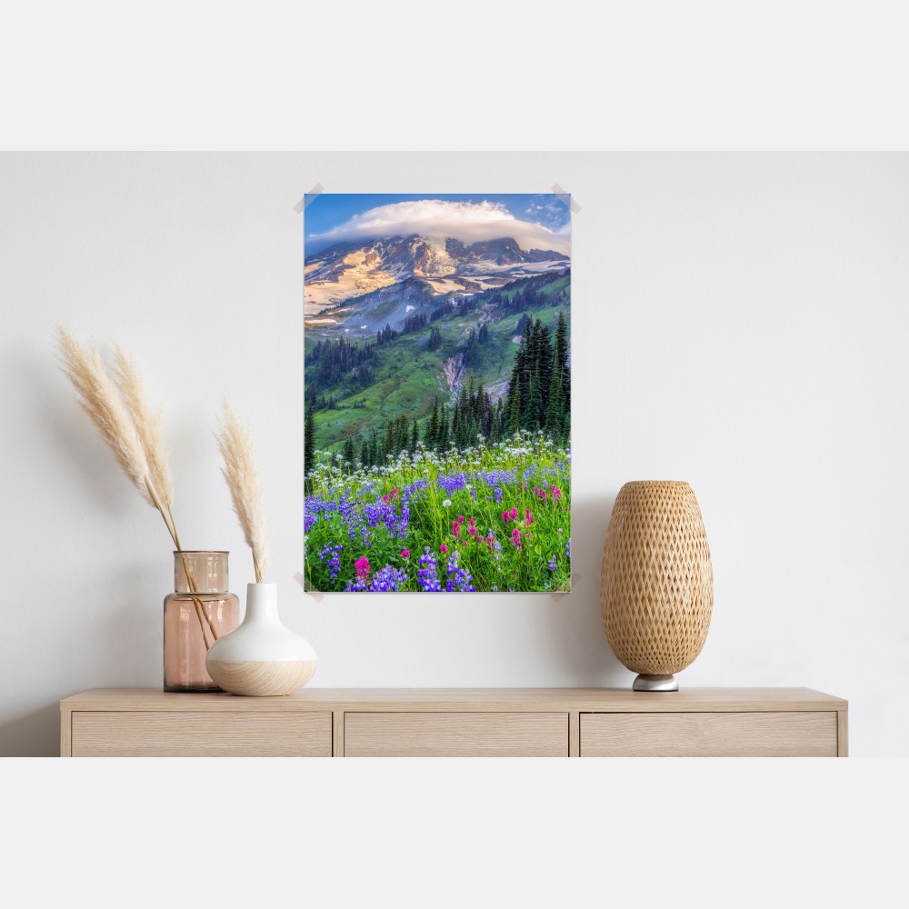 Poster alpine blumenwiese vor schneebedeckten bergen – Wallnifity®