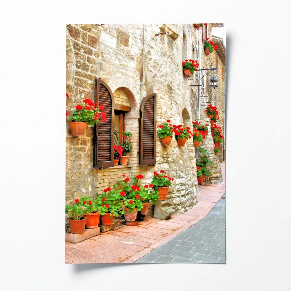 Poster sonnige steingasse mit roten geranien – Wallnifity® Poster sonnige steingasse mit roten geranien – Wallnifity®